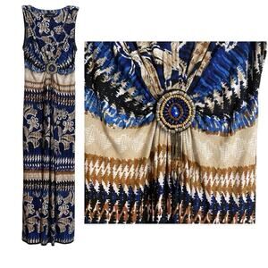 R&M Richards Southwestern Maxi Dress Blue Tan Size 6 A-Line Stretch Travel Soft